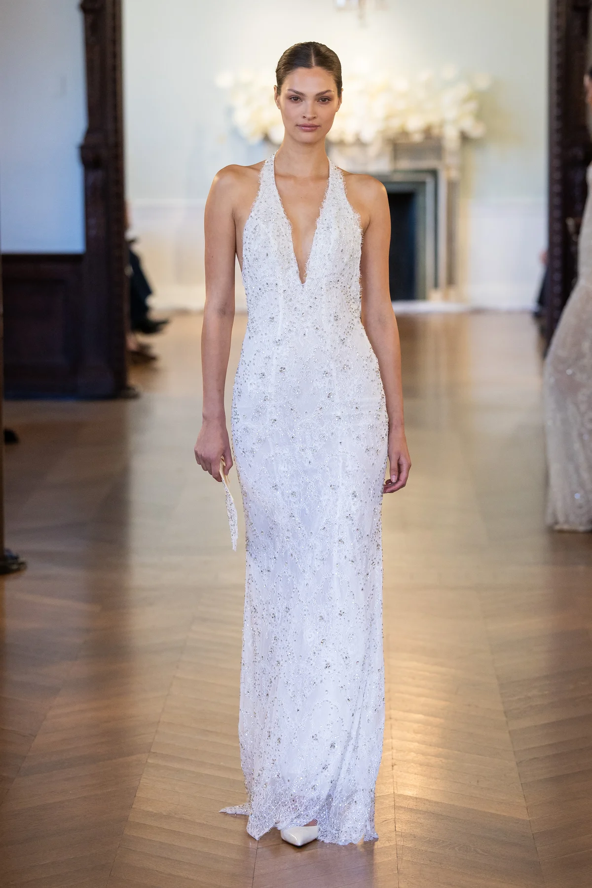 Made-to-order gown by Lee Petra Grebenau — gown with deep V-neck and V-neck