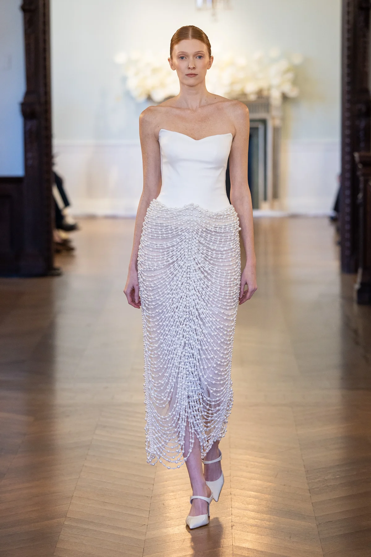 Made-to-order gown by Lee Petra Grebenau — Mikado silk gown with hand-sewn pearls