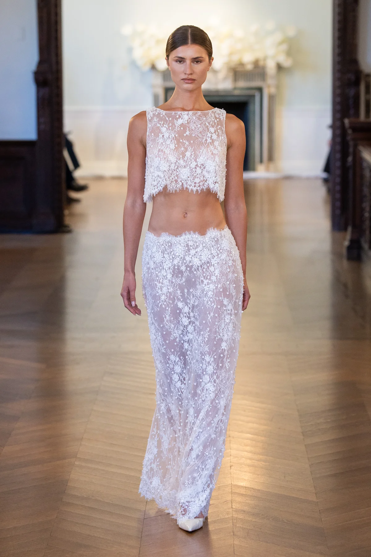 Made-to-order gown by Lee Petra Grebenau — lace two-piece